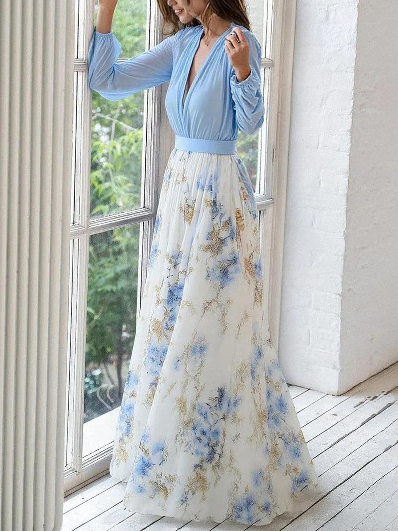 Wunderschönes Blumenmuster V-Ausschnitt Maxikleid