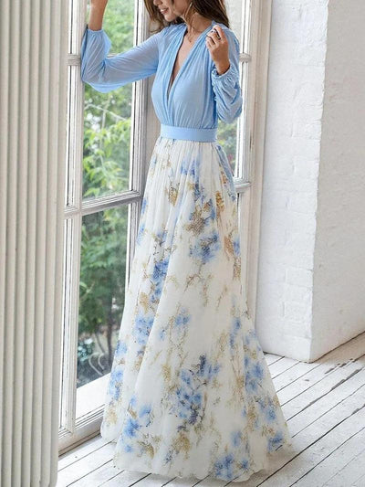 Wunderschönes Blumenmuster V-Ausschnitt Maxikleid