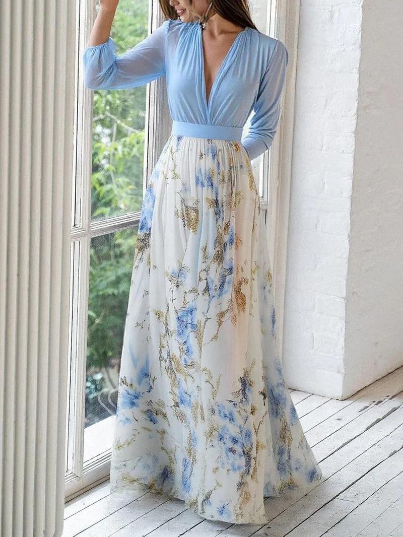 Wunderschönes Blumenmuster V-Ausschnitt Maxikleid