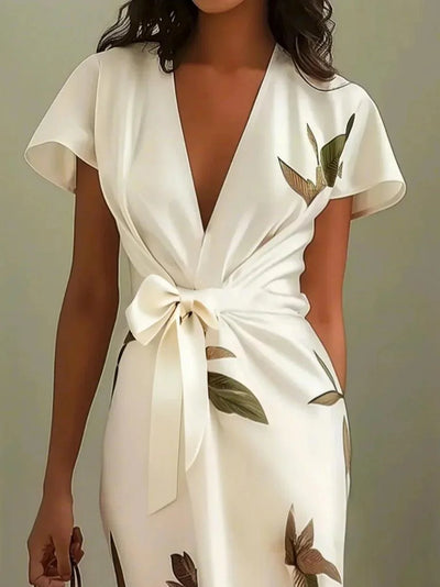 Weißes Leaf Kurzarm Satin Wickelkleid Midi