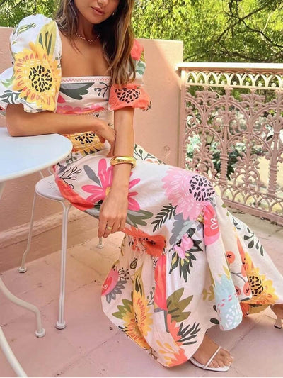 Maxikleid mit quadratischem Ausschnitt und Blumenmuster und Puffärmeln