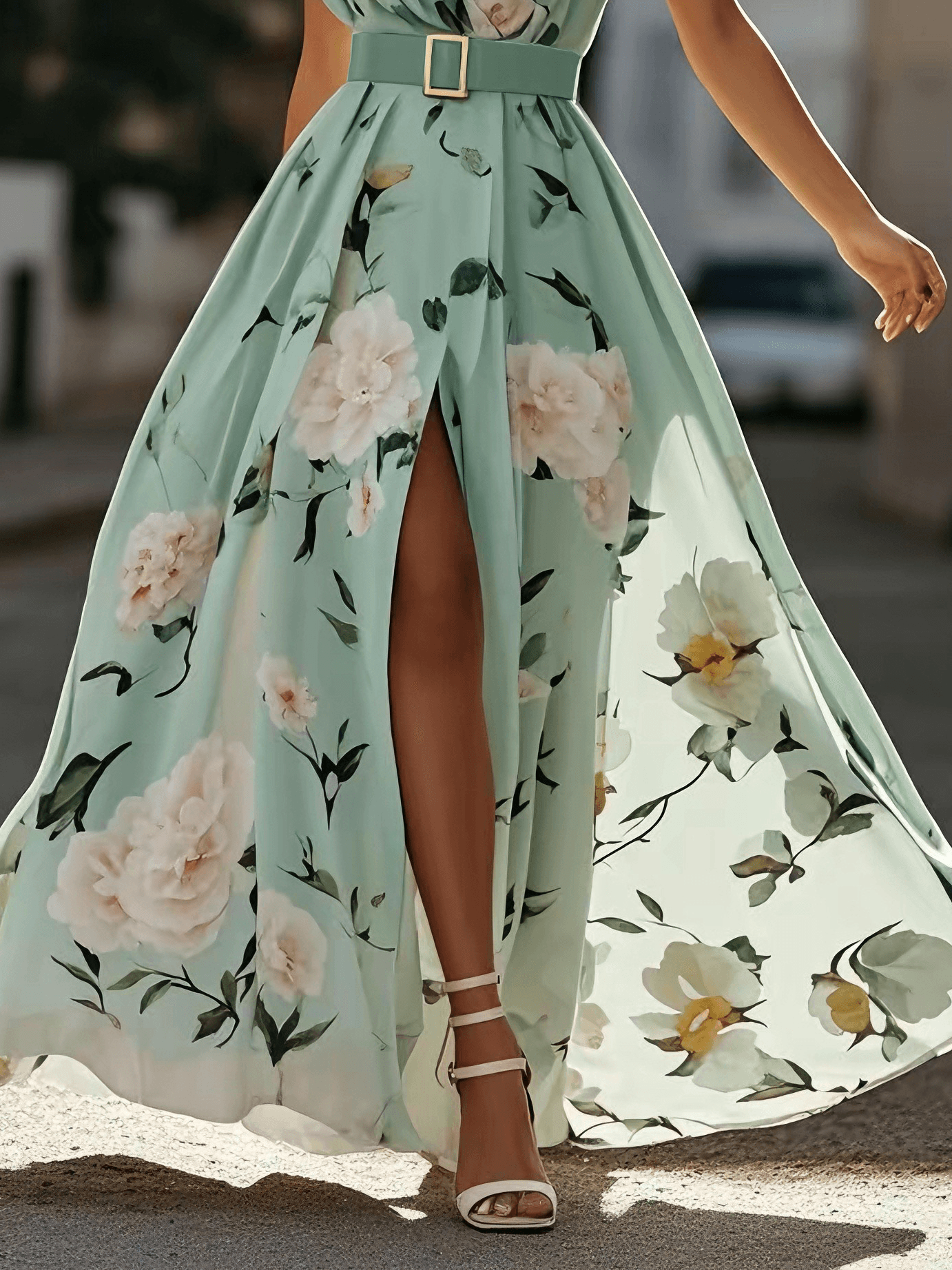Hellgrünes Floral Raffung Ein-Schulter A-Linie Maxi Chiffon Kleid