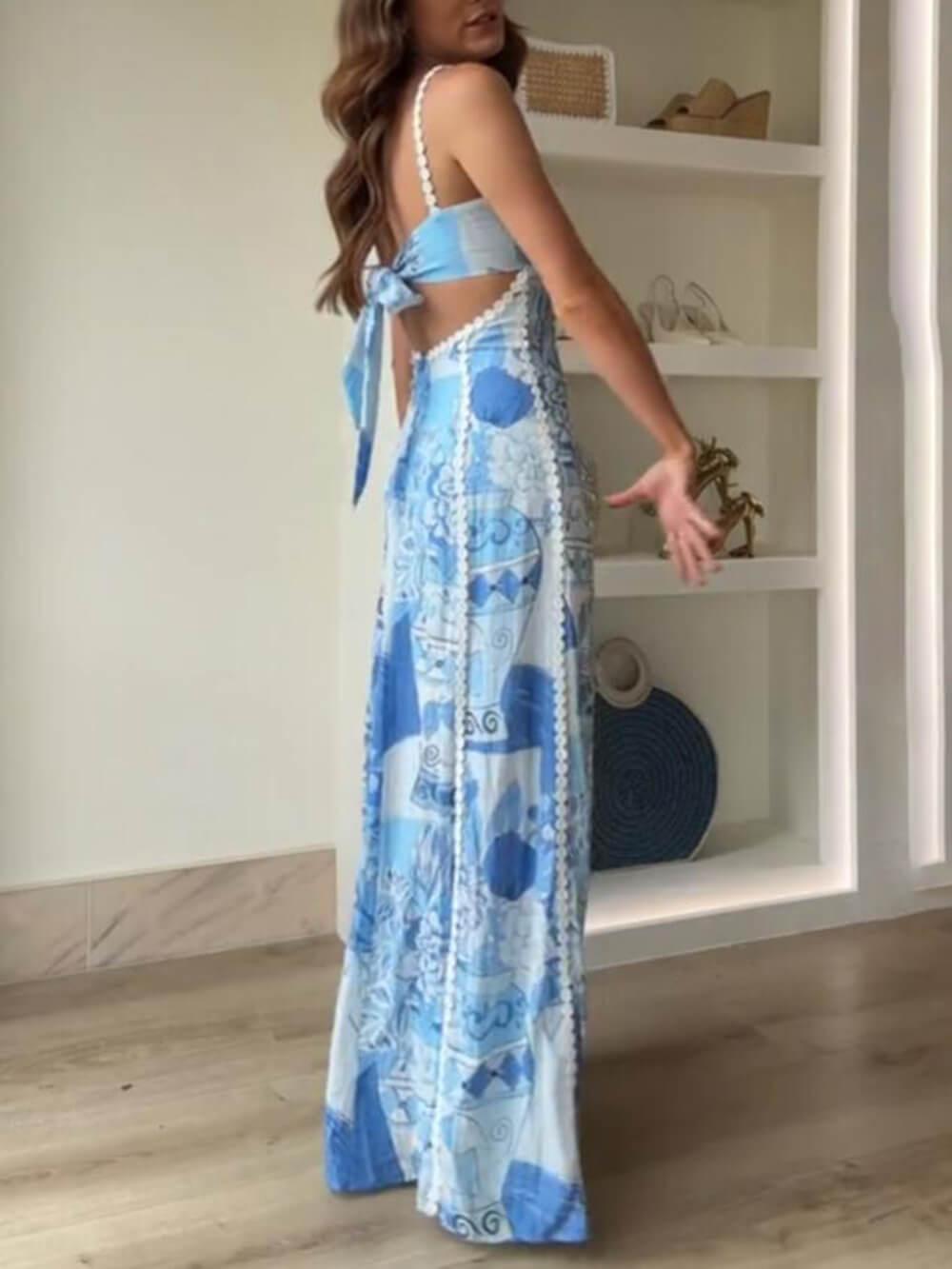 Halter-Träger Spitzen-Patchwork Gedruckte Rückenband Halter Flare Maxi Kleider