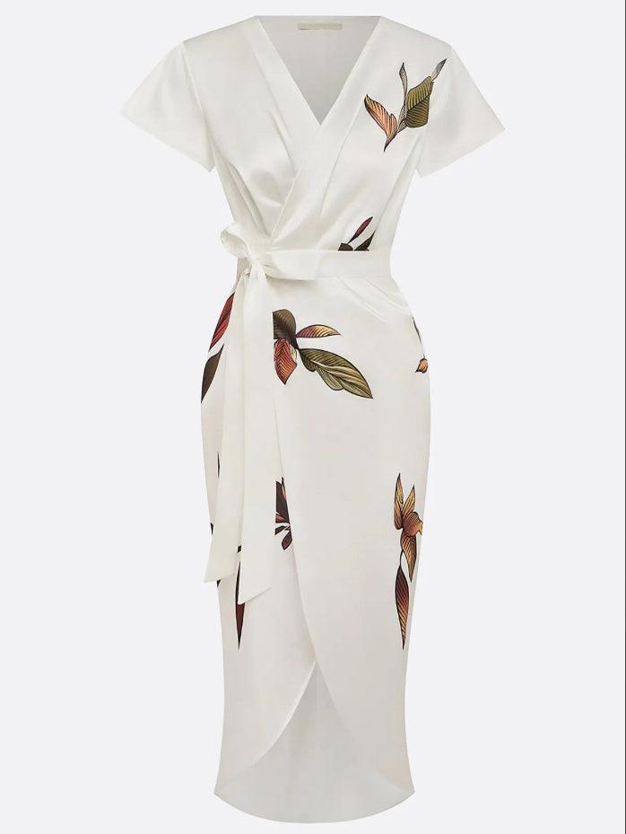 Weißes Leaf Kurzarm Satin Wickelkleid Midi
