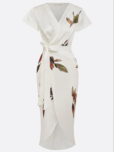 Weißes Leaf Kurzarm Satin Wickelkleid Midi
