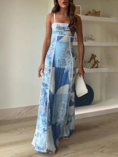 Halter-Träger Spitzen-Patchwork Gedruckte Rückenband Halter Flare Maxi Kleider