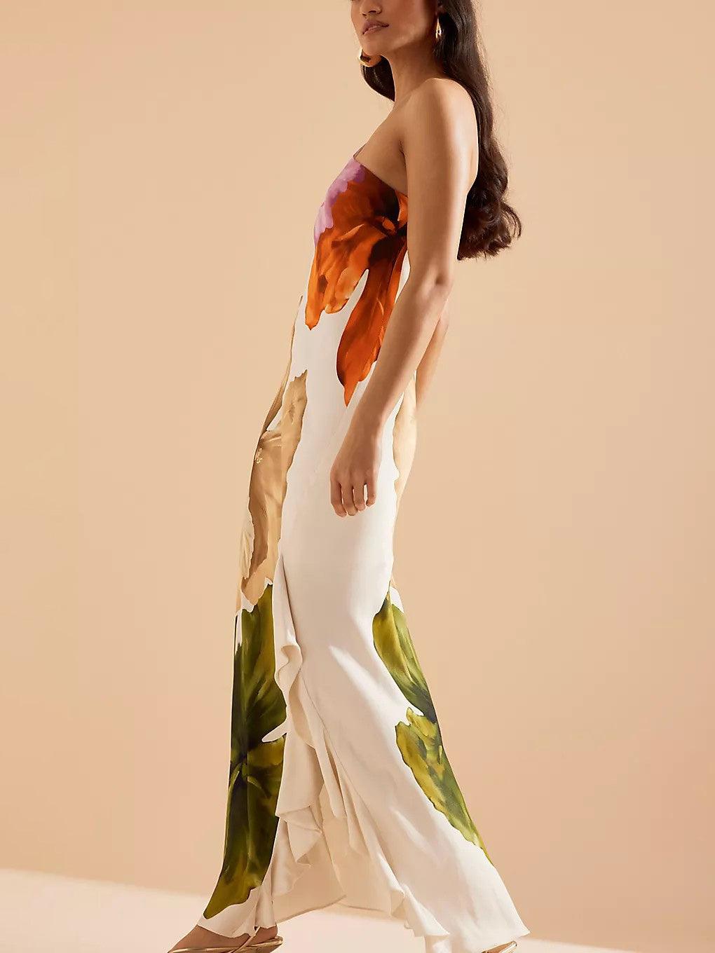 Elegantes Exquisites Floralprint-Ein-Schulter-Maxikleid