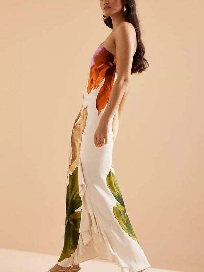 Elegantes Exquisites Floralprint-Ein-Schulter-Maxikleid