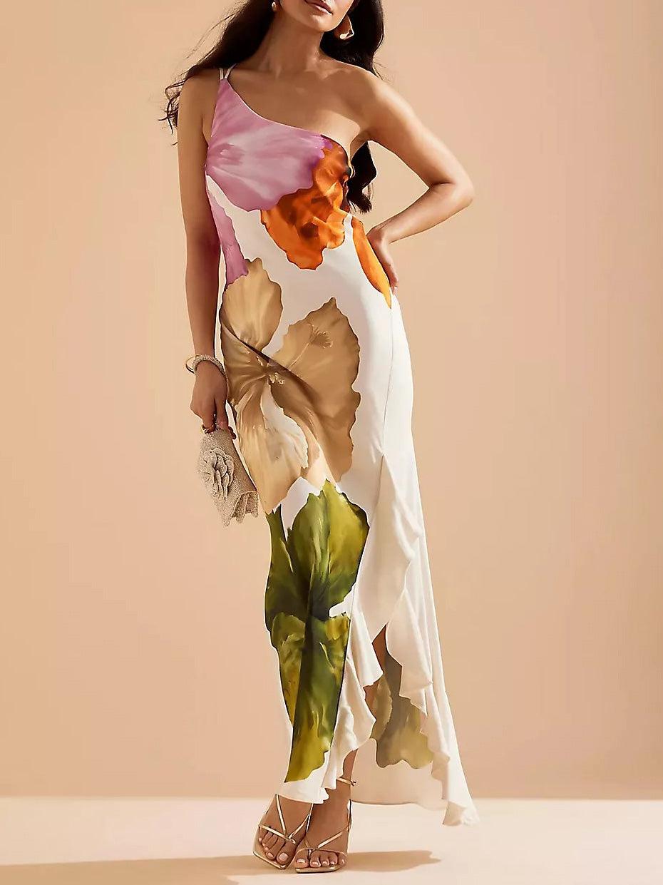 Elegantes Exquisites Floralprint-Ein-Schulter-Maxikleid