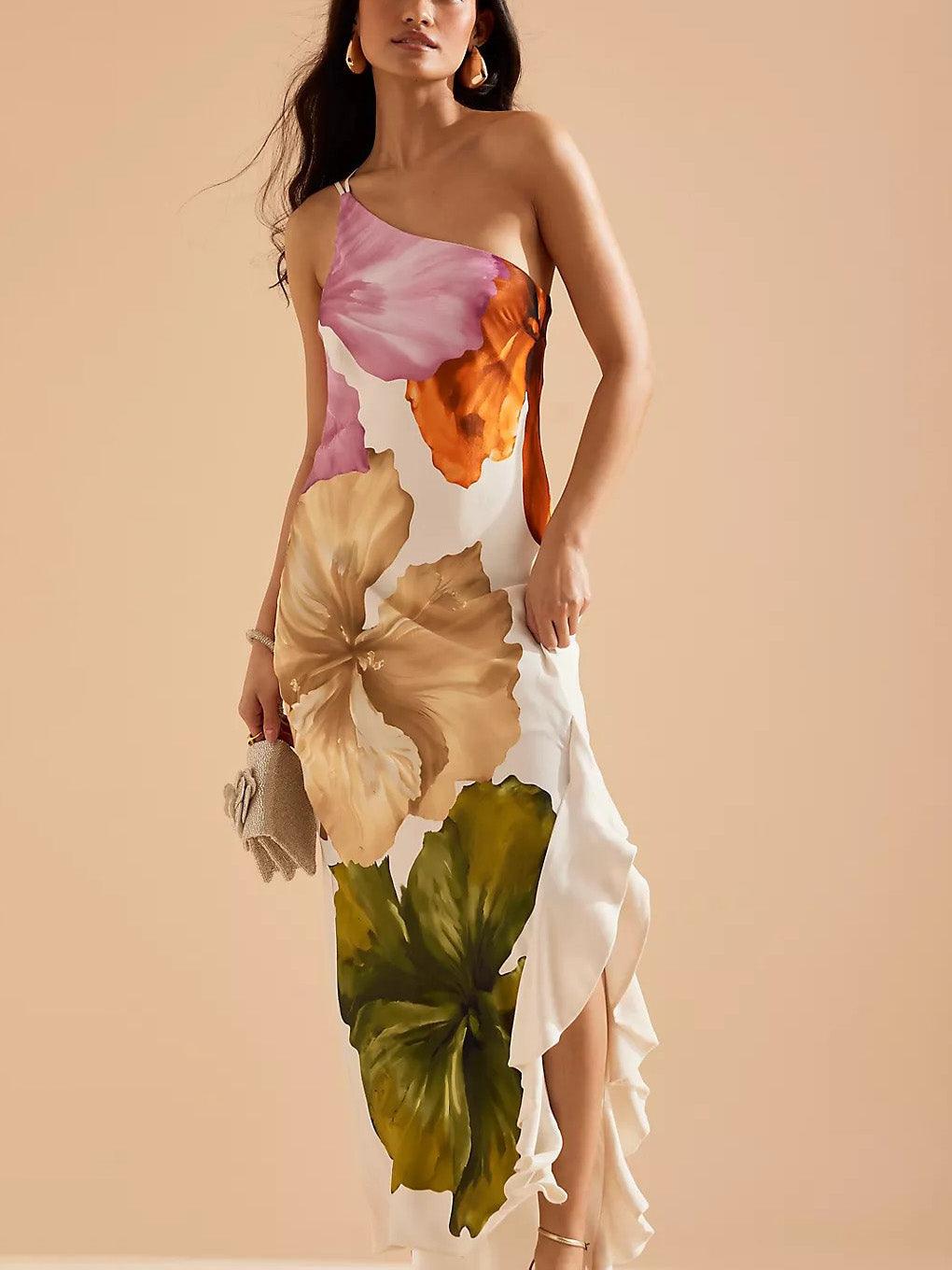 Elegantes Exquisites Floralprint-Ein-Schulter-Maxikleid