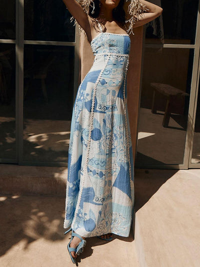 Halter-Träger Spitzen-Patchwork Gedruckte Rückenband Halter Flare Maxi Kleider