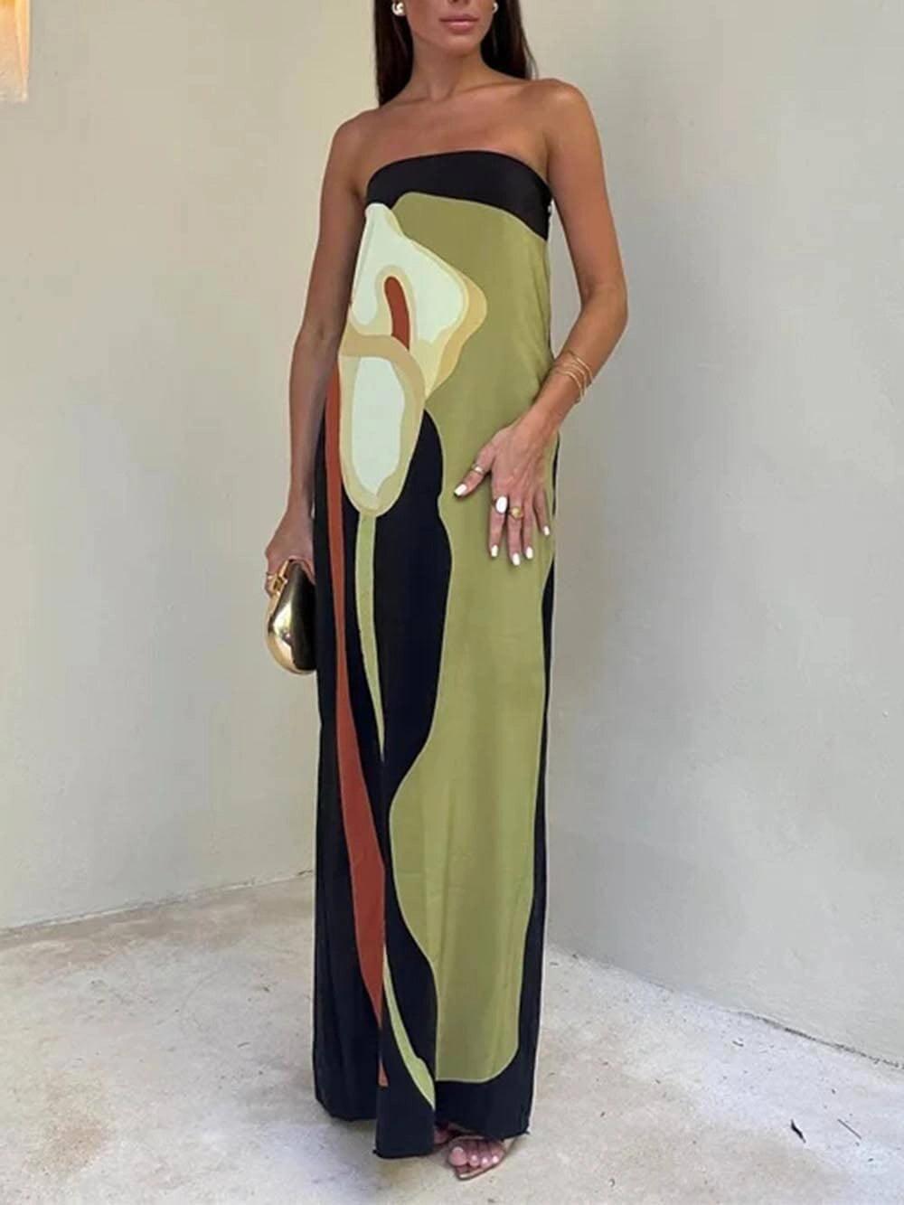 Trägerloses farbblockiertes bedrucktes Maxikleid für Partys