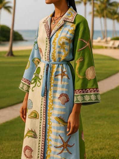 Gürtelbedrucktes Twill Midi Hemdkleid