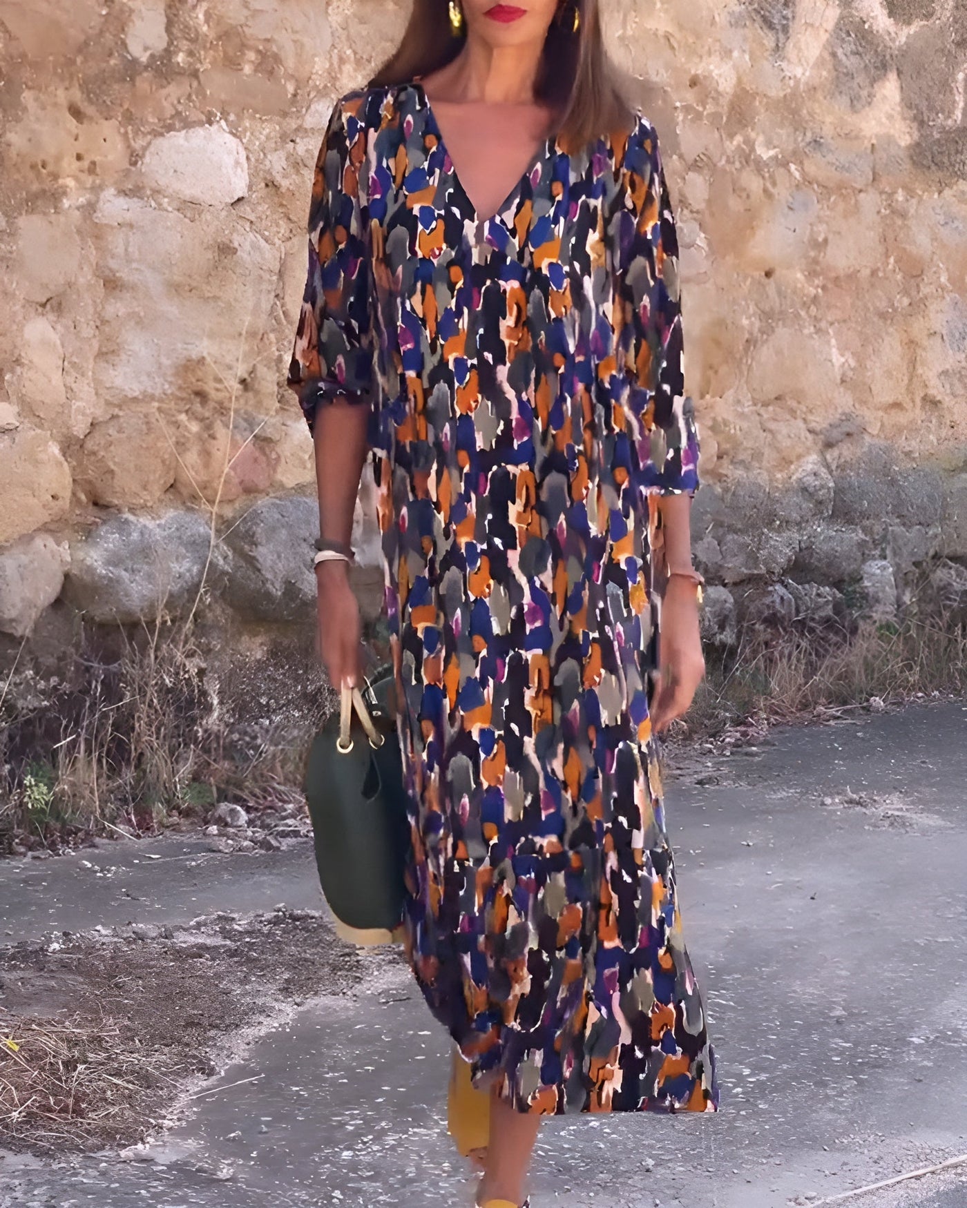 Nathalie | Retro bedrucktes V-Ausschnitt Kleid