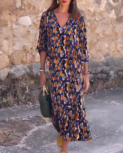 Nathalie | Retro bedrucktes V-Ausschnitt Kleid
