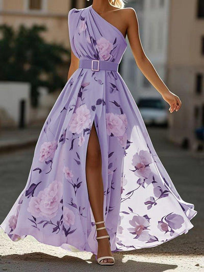 Hellgrünes Floral Raffung Ein-Schulter A-Linie Maxi Chiffon Kleid