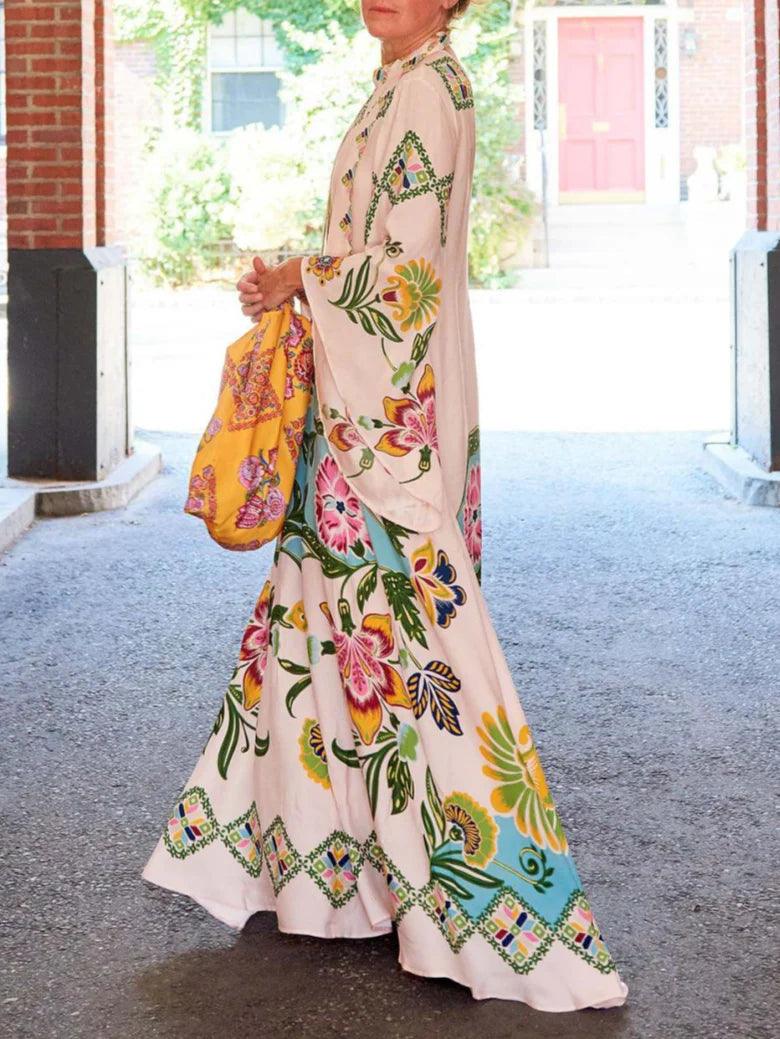 Exquisites Sonnenblumenmuster Fließendes Maxikleid