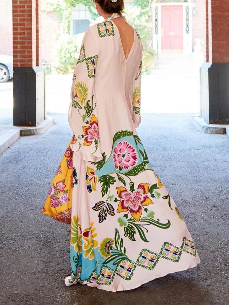 Exquisites Sonnenblumenmuster Fließendes Maxikleid