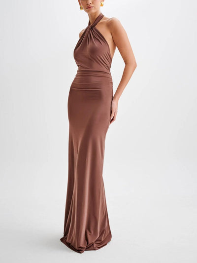 Slinky Halter Maxi Kleid - Braun