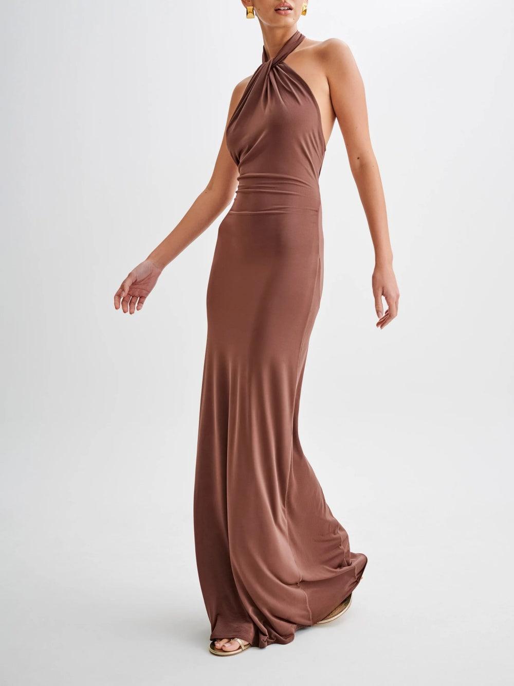Slinky Halter Maxi Kleid - Braun