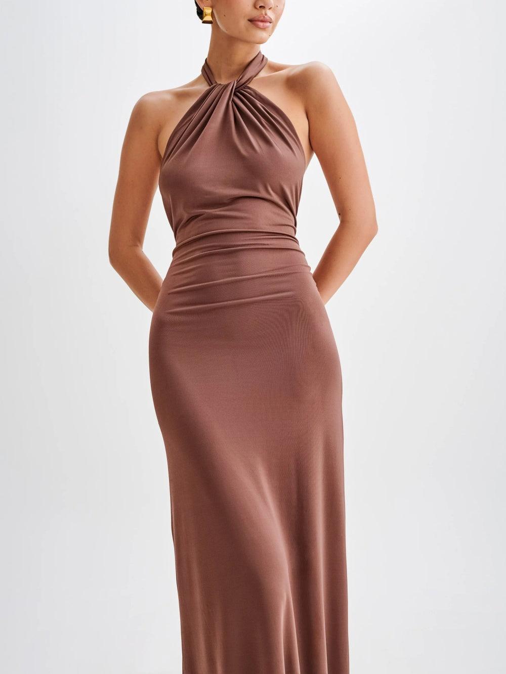 Slinky Halter Maxi Kleid - Braun