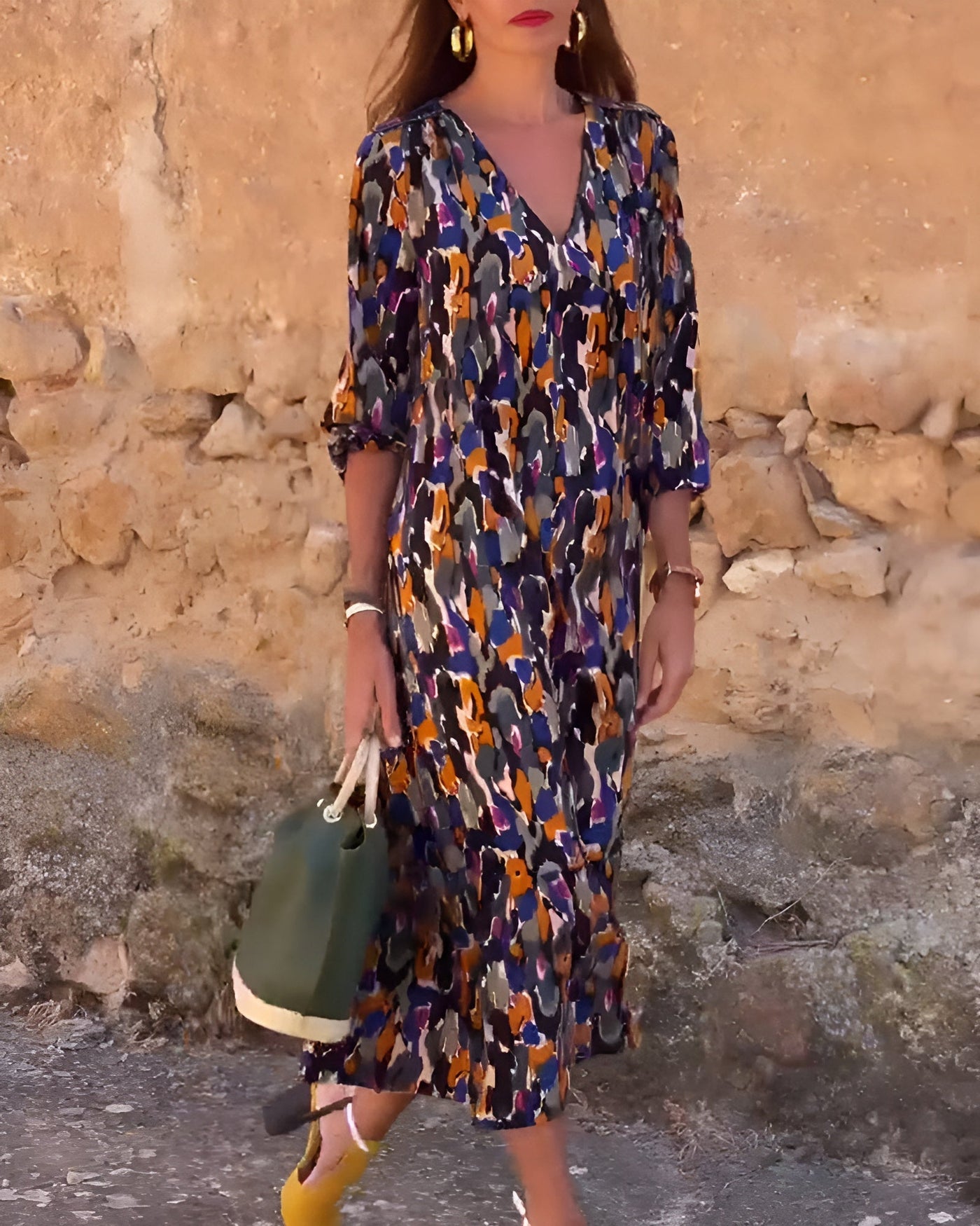 Nathalie | Retro bedrucktes V-Ausschnitt Kleid