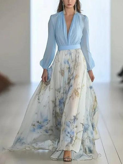 Wunderschönes Blumenmuster V-Ausschnitt Maxikleid