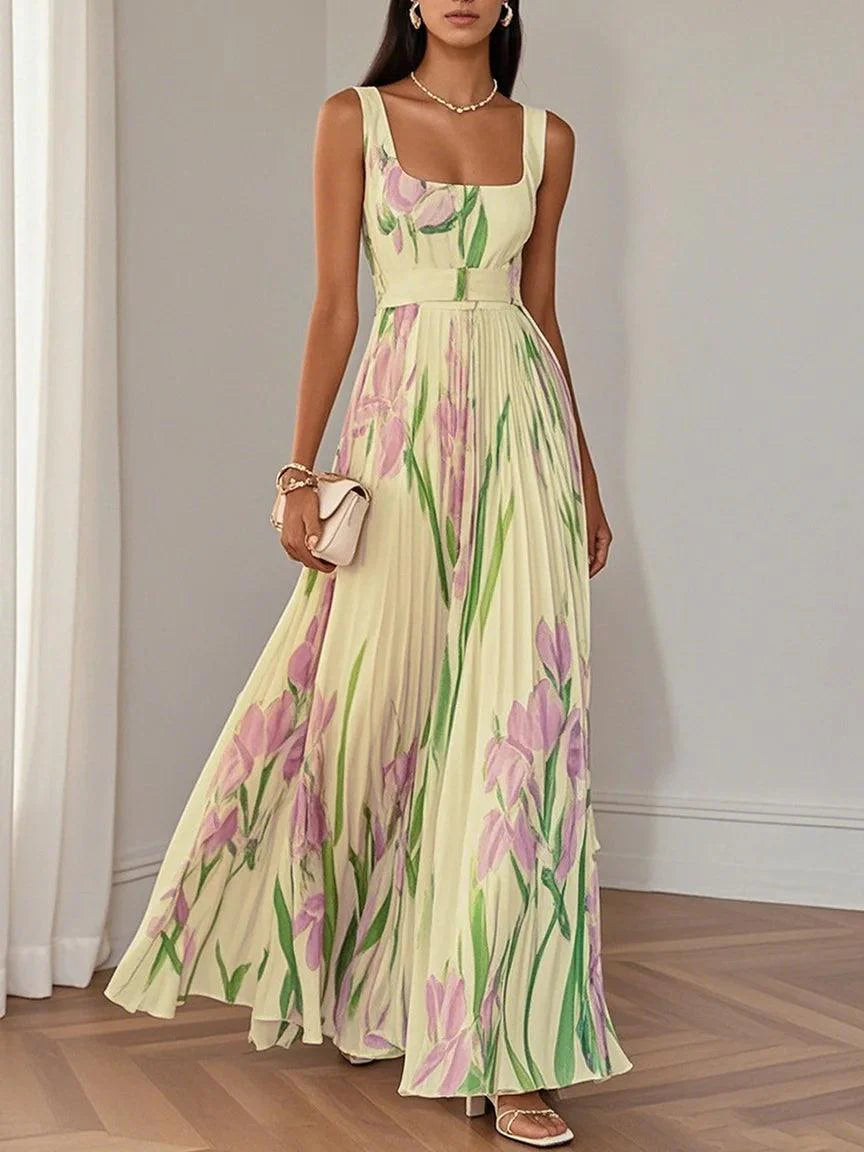 Weißes plissiertes florales Chiffon Maxikleid mit quadratischem Ausschnitt und ärmellos A-Linie