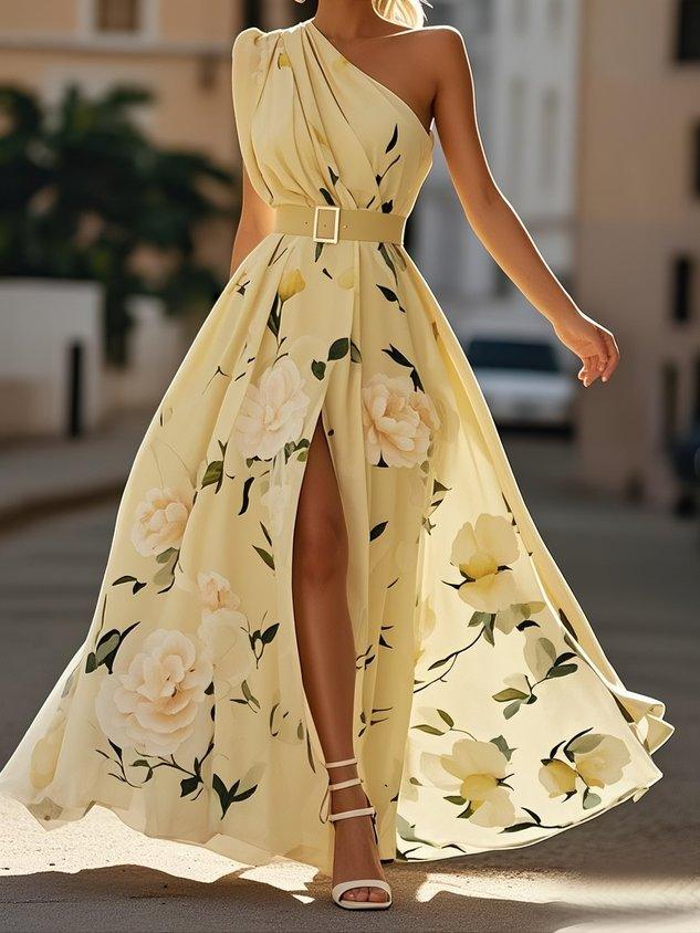 Hellgrünes Floral Raffung Ein-Schulter A-Linie Maxi Chiffon Kleid