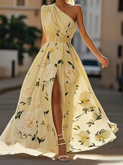 Hellgrünes Floral Raffung Ein-Schulter A-Linie Maxi Chiffon Kleid