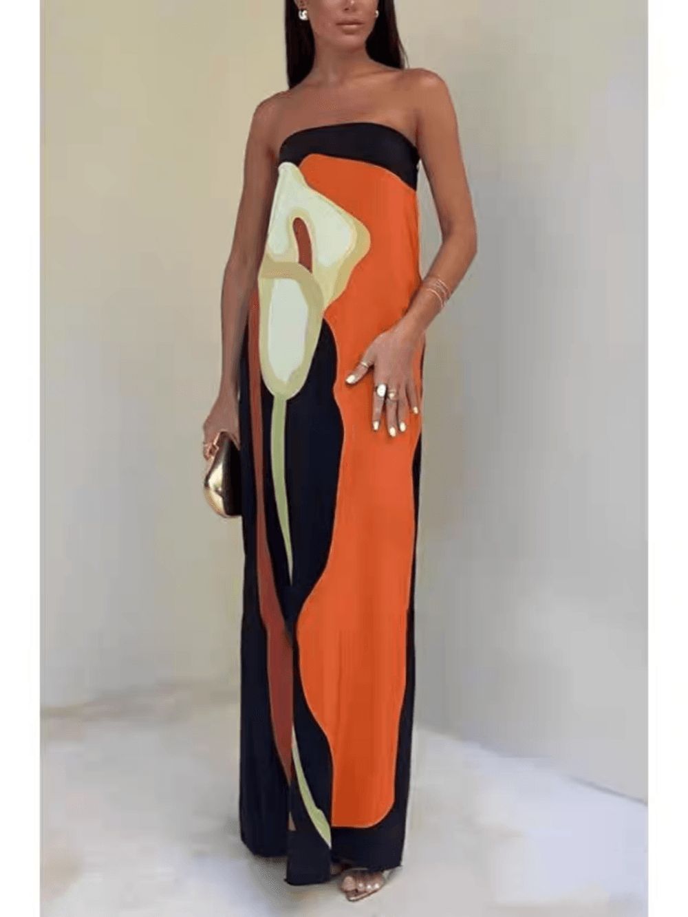 Trägerloses farbblockiertes bedrucktes Maxikleid für Partys