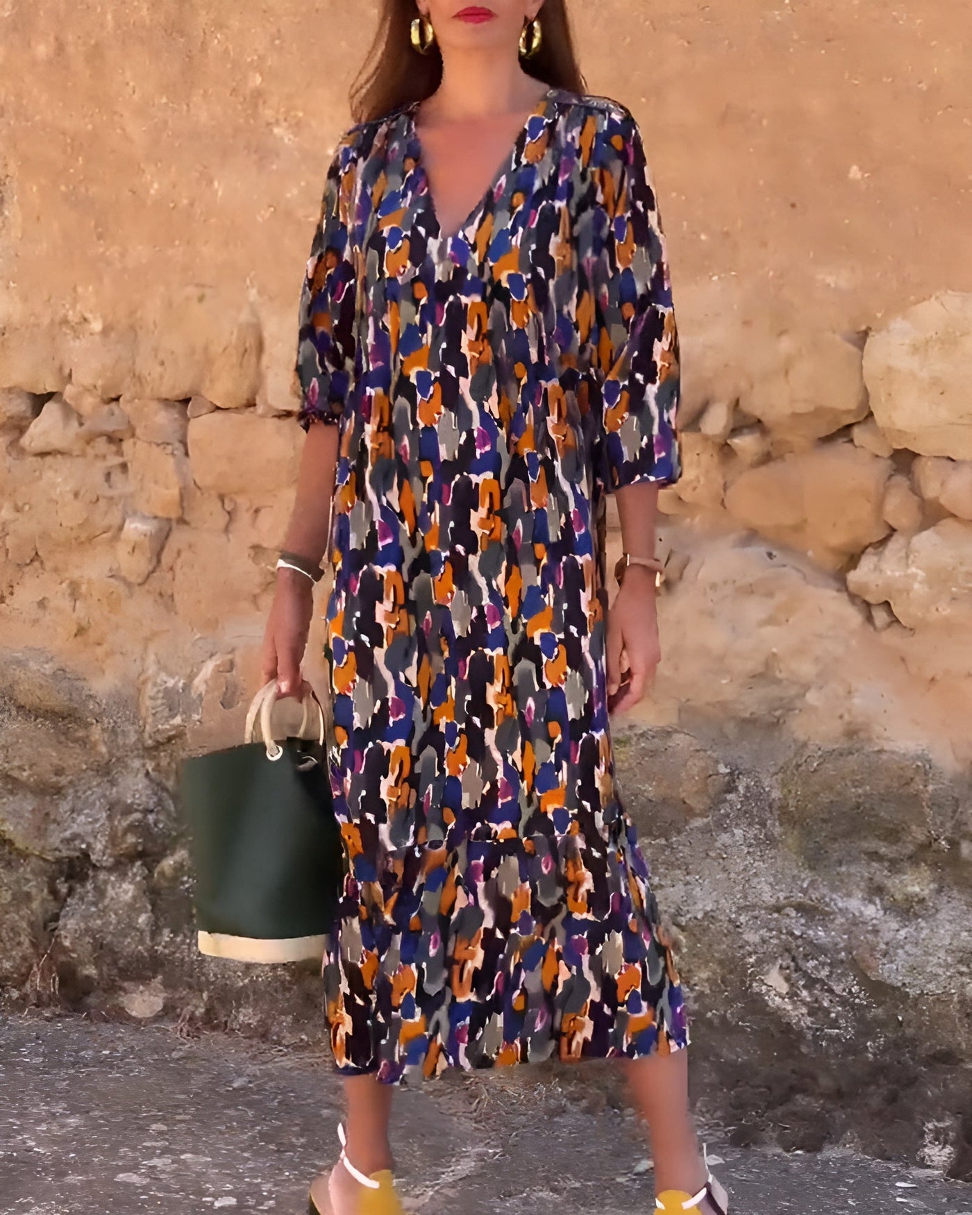Nathalie | Retro bedrucktes V-Ausschnitt Kleid