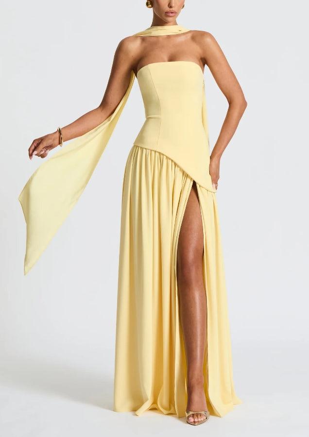 Strapless Slit Ribbon Maxi Kleid