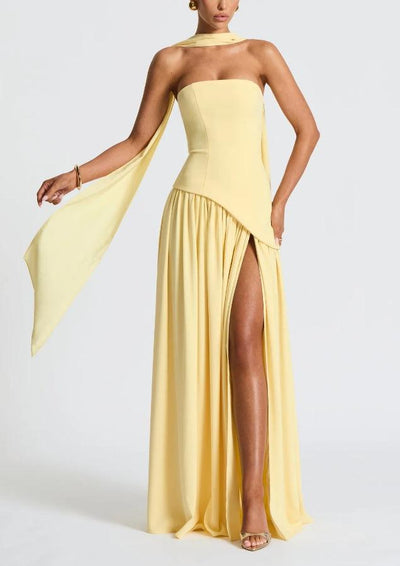 Strapless Slit Ribbon Maxi Kleid
