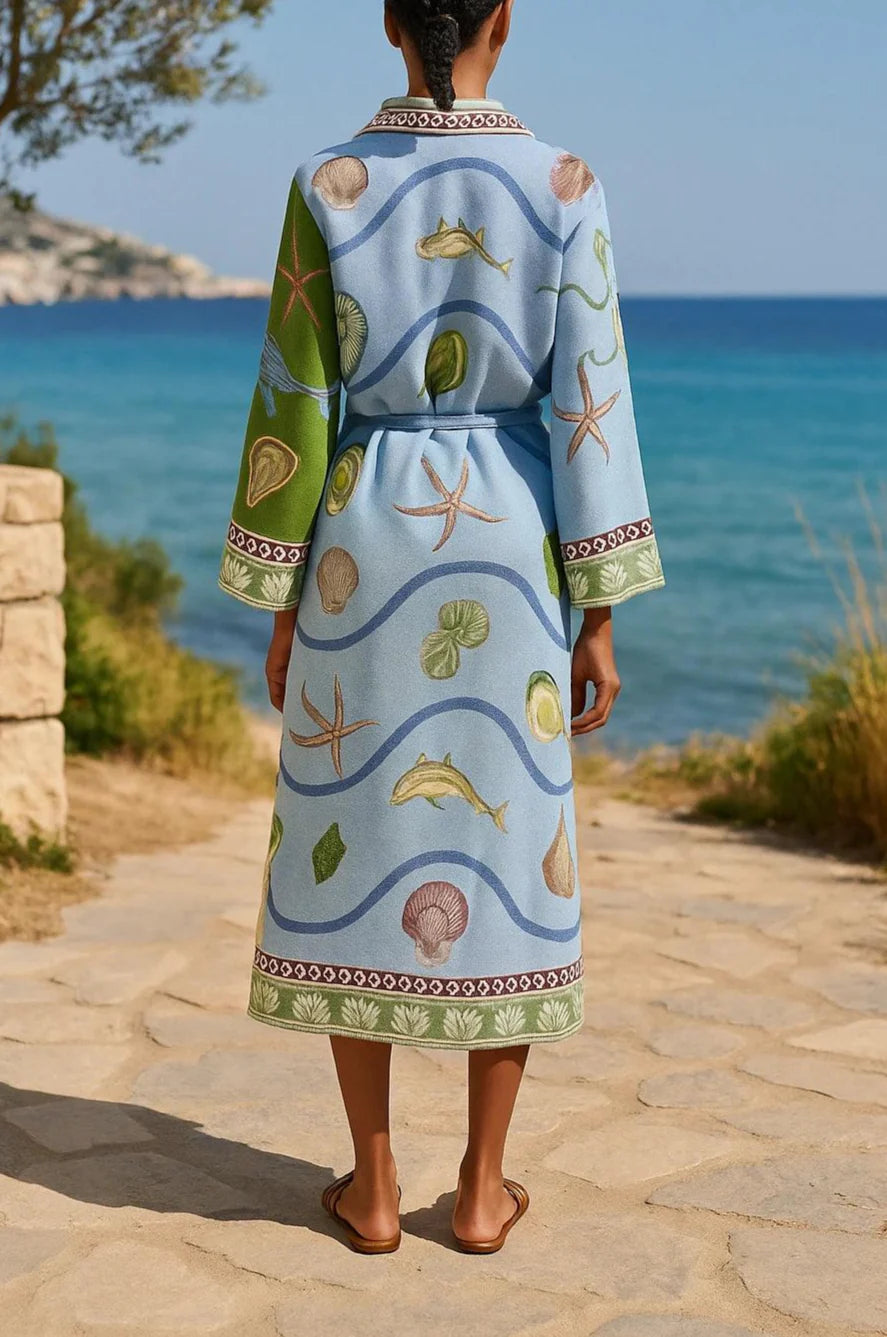 Gürtelbedrucktes Twill Midi Hemdkleid
