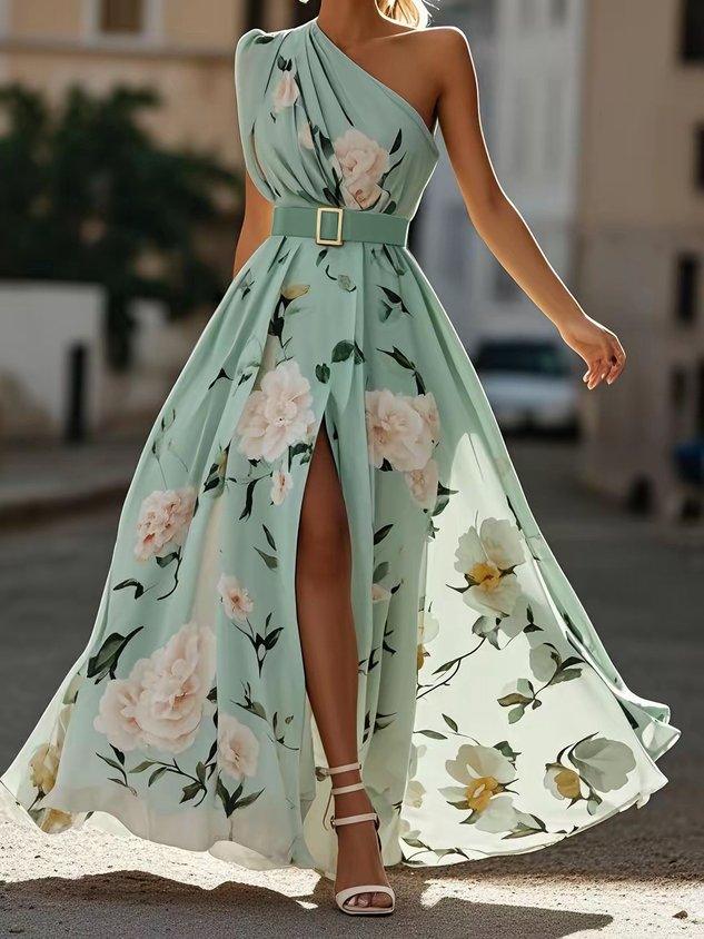 Hellgrünes Floral Raffung Ein-Schulter A-Linie Maxi Chiffon Kleid