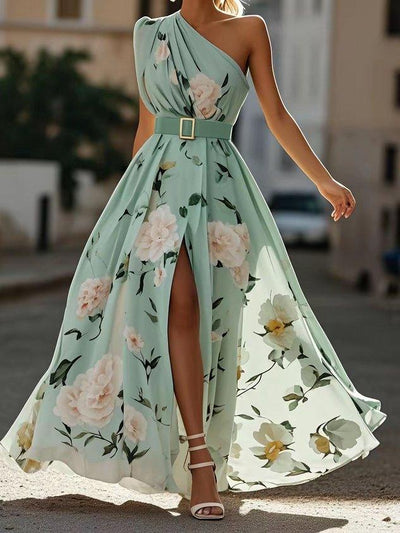Hellgrünes Floral Raffung Ein-Schulter A-Linie Maxi Chiffon Kleid