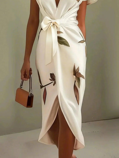 Weißes Leaf Kurzarm Satin Wickelkleid Midi