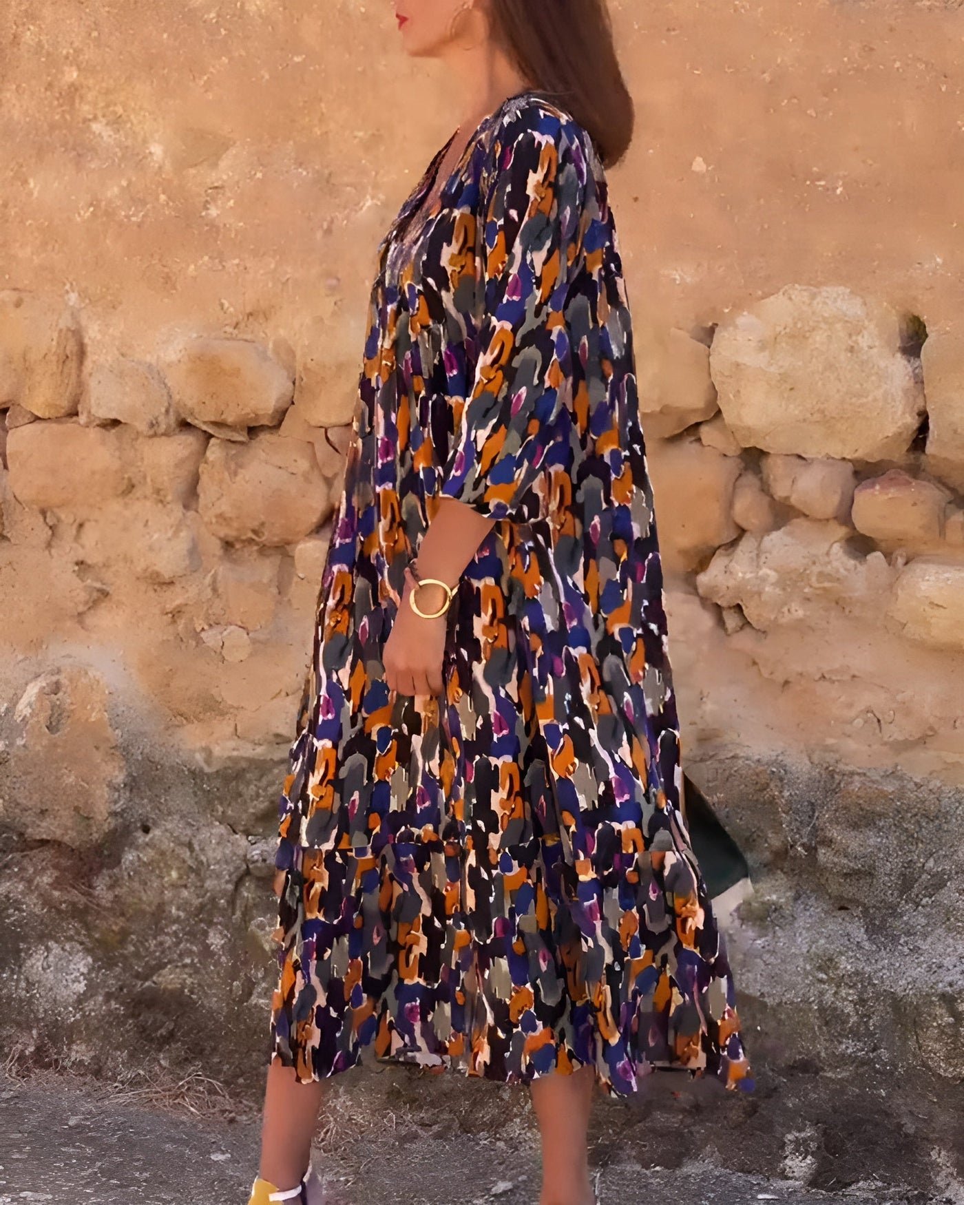 Nathalie | Retro bedrucktes V-Ausschnitt Kleid