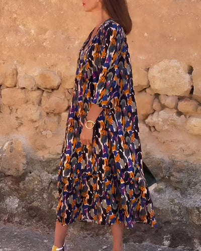 Nathalie | Retro bedrucktes V-Ausschnitt Kleid