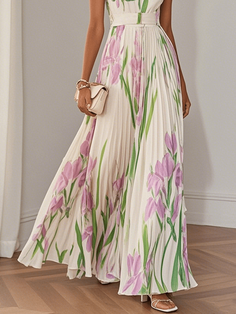 Weißes plissiertes florales Chiffon Maxikleid mit quadratischem Ausschnitt und ärmellos A-Linie