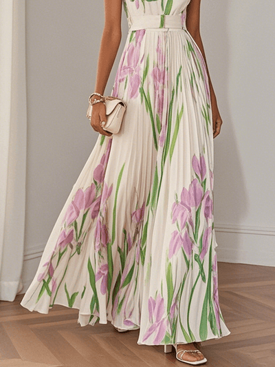 Weißes plissiertes florales Chiffon Maxikleid mit quadratischem Ausschnitt und ärmellos A-Linie