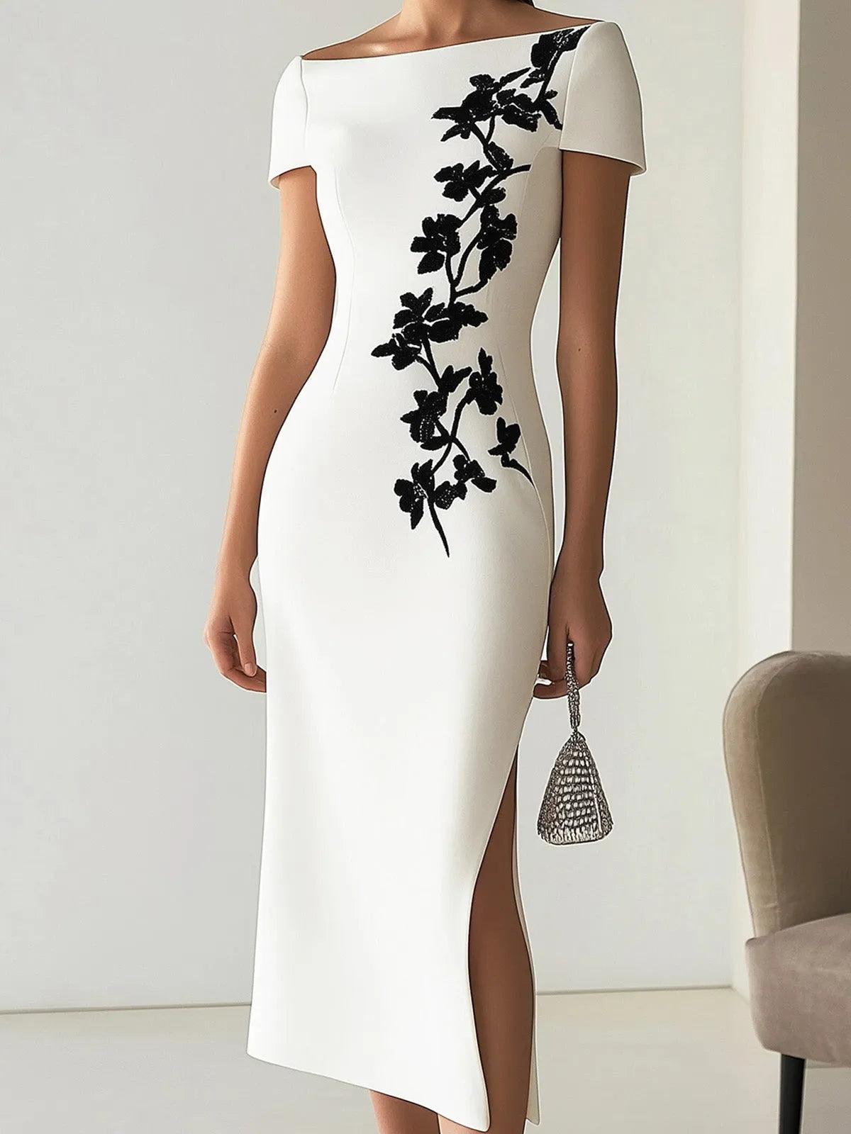 Schickes Blumendruck Boot-Ausschnitt Midi-Kleid
