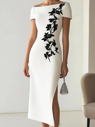 Schickes Blumendruck Boot-Ausschnitt Midi-Kleid
