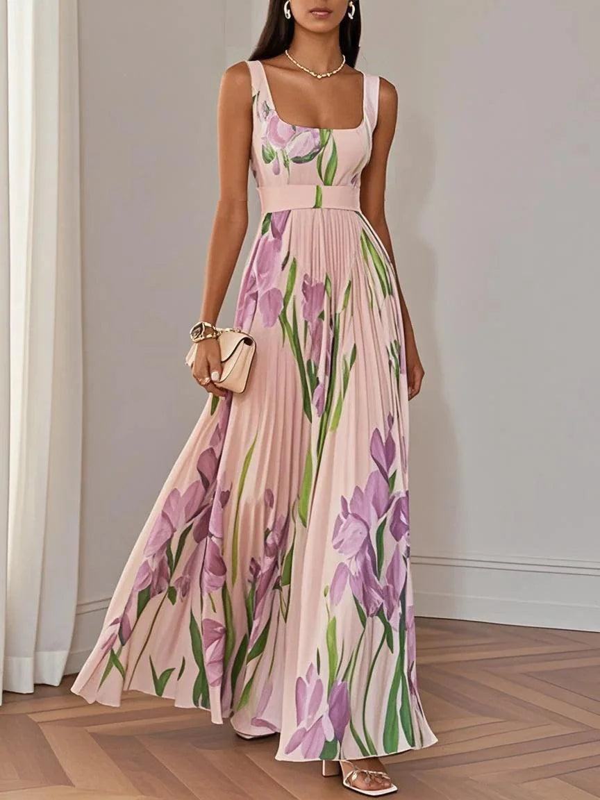 Weißes plissiertes florales Chiffon Maxikleid mit quadratischem Ausschnitt und ärmellos A-Linie