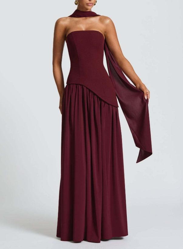 Strapless Slit Ribbon Maxi Kleid