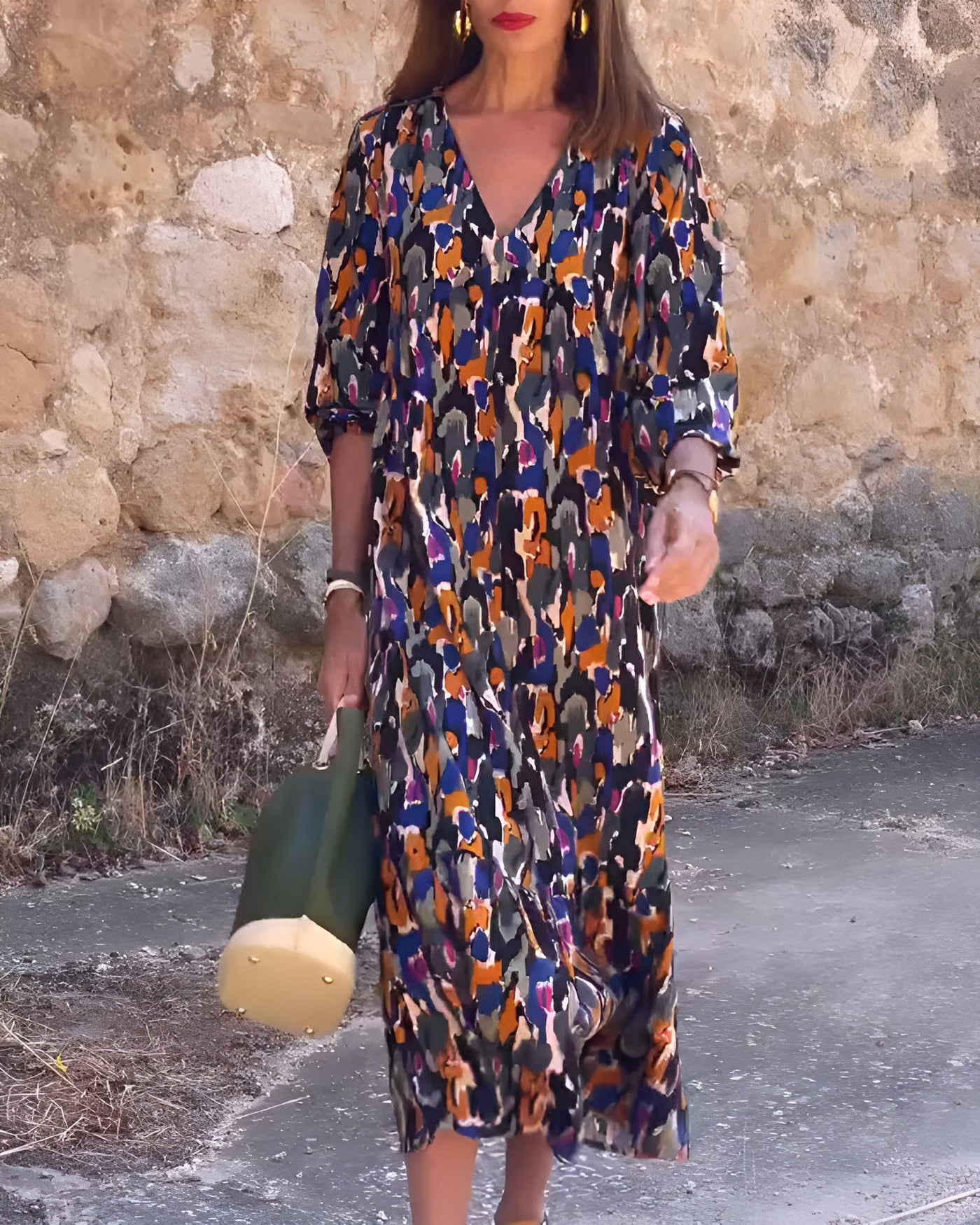 Nathalie | Retro bedrucktes V-Ausschnitt Kleid