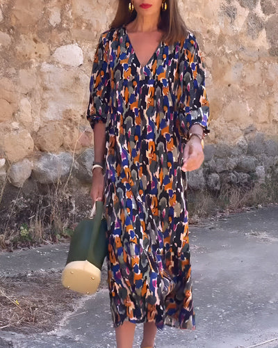 Nathalie | Retro bedrucktes V-Ausschnitt Kleid