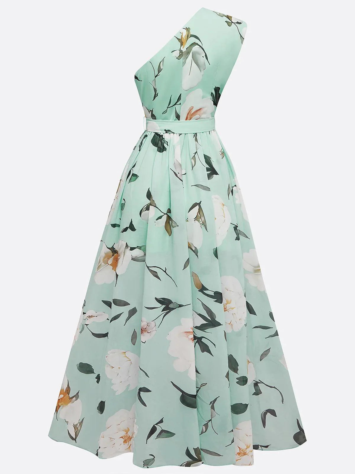 Hellgrünes Floral Raffung Ein-Schulter A-Linie Maxi Chiffon Kleid