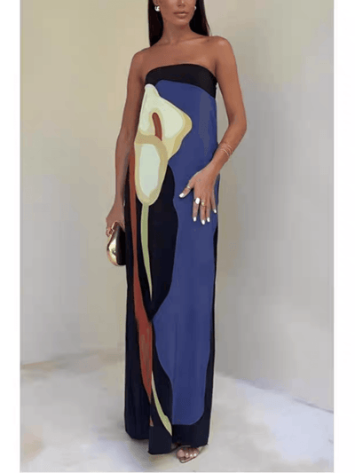 Trägerloses farbblockiertes bedrucktes Maxikleid für Partys